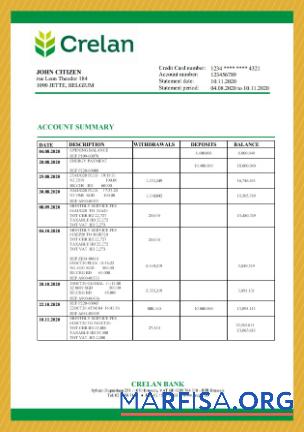 Printable Belgium Crelan bank statement vesion 2 example